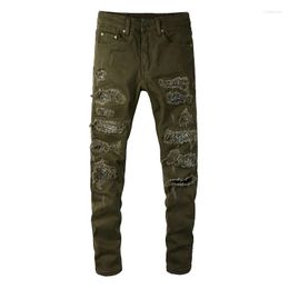 Men's Jeans AM Brand Paisley Print Pleated Patch Streetwear Patchwork Stretch Pants Military Green Ripped Skinny Trouser