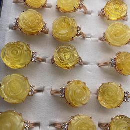 Cluster Rings Natural Yellow Amber Gemstone Adjustable Ring Flower Carved 14x14mm 925 Sterling Silver Women Oval