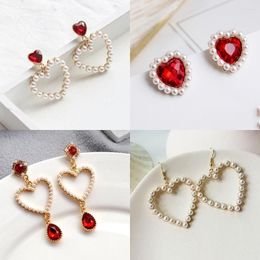 Stud Earrings Fashion Pearl For Women Hollow Heart Pendants Bling Zircon Stone Korean Drop Personality Hanging