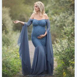 Maternity Dresses Fashion Maternity Dress for Photo Shoot Maxi Maternity Gown Long Sleeves Lace Stitching Fancy Women Maternity Photography Props HKD230808