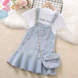 Clothing Sets 4 12 Years Girls Summer Suspender Dress Little Princess Suit Fashion Straps Denim Overalls Send Bag Birthday Gift 230807