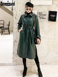 Women's Leather Faux Nerazzurri Spring Dark Green Waterproof Trench Coat for Women belt Black Long Loose Korean Fashion 2022 HKD230808