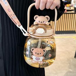 Water Bottles 1.3L Tumbler With Straw Cute Bottle For Girl Kid Large Capacity Mug Outdoor Sport Drinking Kettle Portable Kawaii Bear Cup