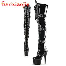 Boots Bright Lacquer Leather Super High Women Over knee Pole Dance Heels Shoes Platform Sexy Fetish Thigh Strappy 230807