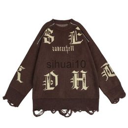 Men's Sweaters Harajuku Retro Dollar and Letter Print Frayed Hem Men's and Wiomen's Winter Sweaters Crew Neck Streetwear Spliced Pullover Tops J230808