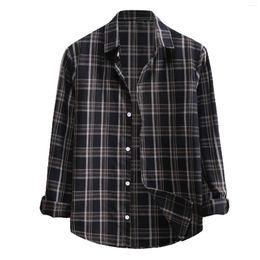 Men's Casual Shirts Checkered Stripe Shirt Tops Long Sleeve Solid Color Turn Down Collar Polyester Cotton Vacation Style Male