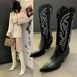 576 Microfiber Emed Fashion Leather Women Pointed Toe Western Cowboy Woman Knee-high Boots Chunky Wedges Ladies 230807 a