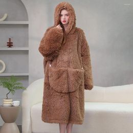 Women's Sleepwear Thick Coral Fleece Female Nightdress Robe Autumn Winter Soft Warm Hooded Nightgown Loose Flannel Home Dress Loungewear