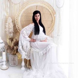 Maternity Dresses Maternity Photography Gown Off Shoulder Floor Mopping Large Skirt White Yarn Chiffon Dress Shooting Photo For Pregnant Women HKD230808