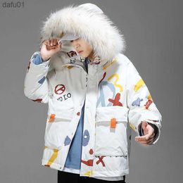 Hip Hop Men's White Duck Down Jacket 2021 Winter Couple's Thickened Warm Hooded Fur Collar Fashion Little Devil Print Jacket L230520