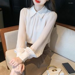 Women's Blouses Chiffon Shirt Summer 2023 Casual Solid Loose Long Sleeves Top Ladies Polo-Neck Clothing YCMYUNYAN