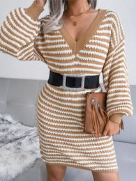 Casual Dresses Oversized Knitted Women Striped Drop Shoulder Long Sleeve Sweater Dress Loose Fashion Knit Pullovers 2023 Autumn Winter