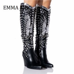 Sexy Western 716 Women Embellished Pointed Toe Wedge Heels Botines De Mujer Autumn Winter Cowboy Knee High Boots 230807 971