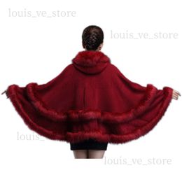 EuropeStyle Fashion Double Faux Fur Coat Cape Hooded Knit Cashmere Cloak Cardigan Outwear Plus Size Women Winter New Shawl T230808