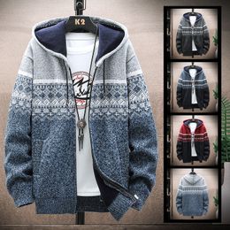 Men's Sweaters Autumn Korean Hooded Men's Thick Sweaters with Velvet Men's Cardigan Knitted Sweatercoats Patchwork Jacket Male M-3XL 6638 230807