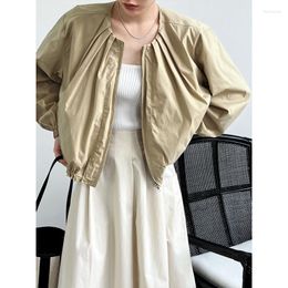 Women's Jackets Autumn Pleated Round Neck Short Jacket Women Zipper Drawstring Casual Coat