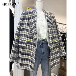 Women's Suits Blazers Korean Fashion Plaid Tweed Blazers Women Fall Vintage Double Breasted Quilted Cotton Suit Jacket Elegant Lady Chic Coat 230808