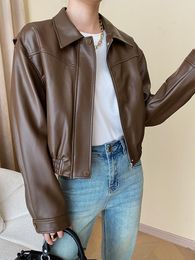 Women's Leather Women Vintage Loose Zipper Turn-down Collar Pu Faux Short Jacket Streetwear Female Soft Retro Coat Outwear