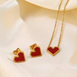 Necklace Earrings Set Fashion Luxury Red Heart Pendant Vintage Stainless Steel Gold Plated Clavicle Chain For Women Party Jewelry Gift