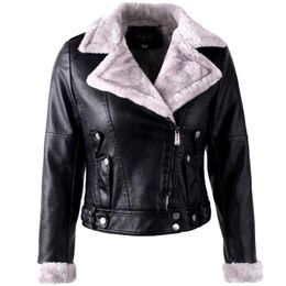 Women's Leather Faux Women Warm Jacket Plush Shearing Moto Tops Thick Lined Parka Ladies Short Winter Coat Slim Pu Locomotive Black 2020 HKD230808