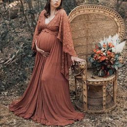 Maternity Dresses Rust Lace Boho Maternity Photography Props Long Dresses V-neck Bohemian Pregnant Woman Long Dress For Photo Shoot HKD230808
