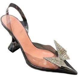 Ladies Real New Leather Sandals CM Goblet High Heel Pointed Toe Pillage Buckle Diamond SHOES Party PVC Transparent