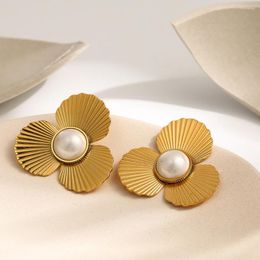 Stud Earrings Girls Simple Style Pearl Flower Exaggerated Stainless Steel Earring For Women Personalised Gold Plated Big