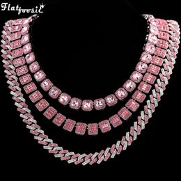 Pendant Necklaces Hip Hop Pink Crystal Cuban Link Chain Necklace for Women Bling Iced Out Silver Color Paved Choker Necklaces Jewelry 230808