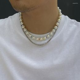 Choker Handmade Pearls Necklace For Men Shiny Rhinestone Beads Chains Layered Hiphop Statement Collar Male Neck Jewelry