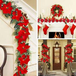 2022 Christmas Poinsettia Garland Decorations Flowers String Lights Xmas Tree Ornaments Christmas Door Fireplace Home Decor L230620