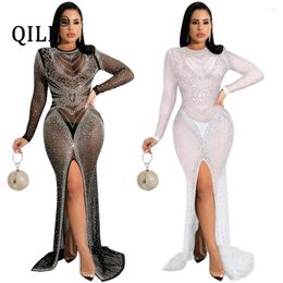 Casual Dresses QILI- Nightclub Diamond Women's Clothing Mesh Perspective Long Sleeve Split Dress See Through