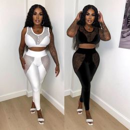 Women's Two Piece Pants FEOGOR Hollow Mesh Hole See-through Sexy Suit Fabric Splicing Undershirt Fashion Casual Two-piece Female Summer
