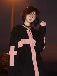 Womens Hoodies Sweatshirts QWEEK Gothic Harajuku Zip Up Women Goth Vintage Fashion Kpop Zipper Hooded Sweatshirt Blakc Long Sleeve Tops Spring 230808