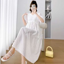 Maternity Dresses 2339# 2023 Summer Korean Fashion Hollow Out Chiffon Maternity Long Dress New Elegant Stylish Loose Clothes for Pregnant Women HKD230808