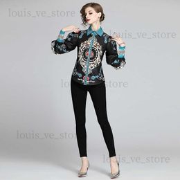Ladies Luxury Retro Print Black Designer Shirts Casual Office Long Sleeve Spring Fall Runway Womens Button Turndown Neck Blouses Tops New T230808