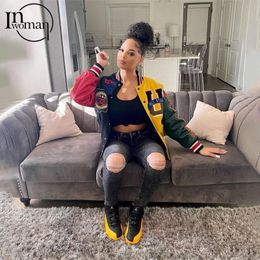 Men's Hoodies Sweatshirts Inwoman Fall Winter Patchwork Jackets For Women Long Sleeve Tops Ladies Print Coat Varsity Jacket Yellow Streetwear 230808