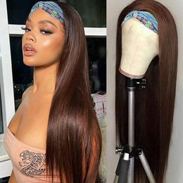 Synthetic Wigs Chocolate Brown Straight Headband Human Hair For Black Woman ANGIE QUEEN Glueless Wig Brazilian Remy 230807