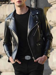 Mauroicardi Spring Autumn Short Fitted Cool Black Faux Leather Biker Jacket Men Zipper Long Sleeve Plus Size Clothing 4xl 5xl L230520