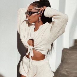 Women's Hoodies 2023 Autumn Two-piece Suit Ladies Fashion Solid Color Long-sleeved Fleece Sweater Drawstring Shorts Women