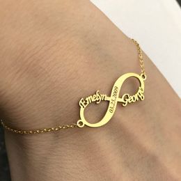 Charm Bracelets Personalized Jewelry Custom Double Name Date Infinity Bracelet Rose Infinity Nameplate Bracelets Stainless Steel Hand Chain 230808