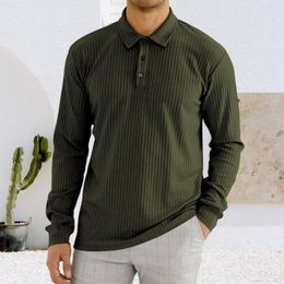 Men's T Shirts Spring Autumn Men Top Lapel Buttons Neckline Shirt Tops Long Sleeve Vertical Stripes Texture Pullover