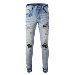 Men's Jeans Arrival Pants Fashion Style Hollowed High Stretch Denim Skinny Damaged Ribs Patchwork Slim Fit Blue Trousers