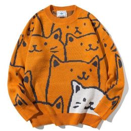 Men's Sweaters Japanese Harajuku Vintage Sweater Men 2023 Autumn Cartoon Cat Loose Print Knitted Hip Hop Streetwear Knitwear Pullovers 230807