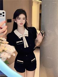 Women's Tracksuits Retro Summer Pants Suits Women Cute Bowtie Tops Slim Shorts Sets Vintage Fashion Black White Contrast Color Two Piece