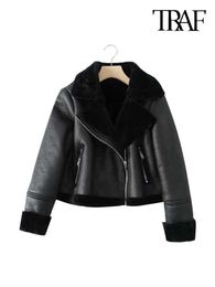 Women's Fur Faux Fur TRAF Women Fashion Thick Warm Winter Fur Faux Leather Cropped Jacket Coat Vintage Long Sleeve Female Outerwear Chic Tops HKD230727