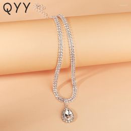 Pendant Necklaces QYY Fashion Crystal Water Drop Necklace For Women Accessories Silver Colour Rhinestone Bridal Wedding Jewellery Prom Gifts