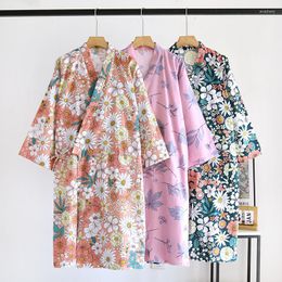 Women's Sleepwear Thin Gauze Cotton Kimono Robe Home Wear Summer Dressing Gown Bathrobe Bride Floral Print Nightwears For Ladies