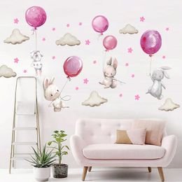 Wall Stickers Watercolour Pink Balloon Bunny Cloud for Kids Room Baby Nursery Decoration Decals Boy and Girls Gifts PVC 230808