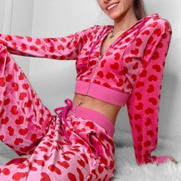 Fall 2 Piece Love Heart Printed Sweatpants Set Women's Long Sleeve Zip Hoodie and Lace Up Sweatpants 2023 New