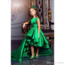 Hi Lo Green Satin A Line Pleats Sash Girls Flower Girls Dresses Kids Formal Children Birthday Dresses Girls Pageant Gowns310e